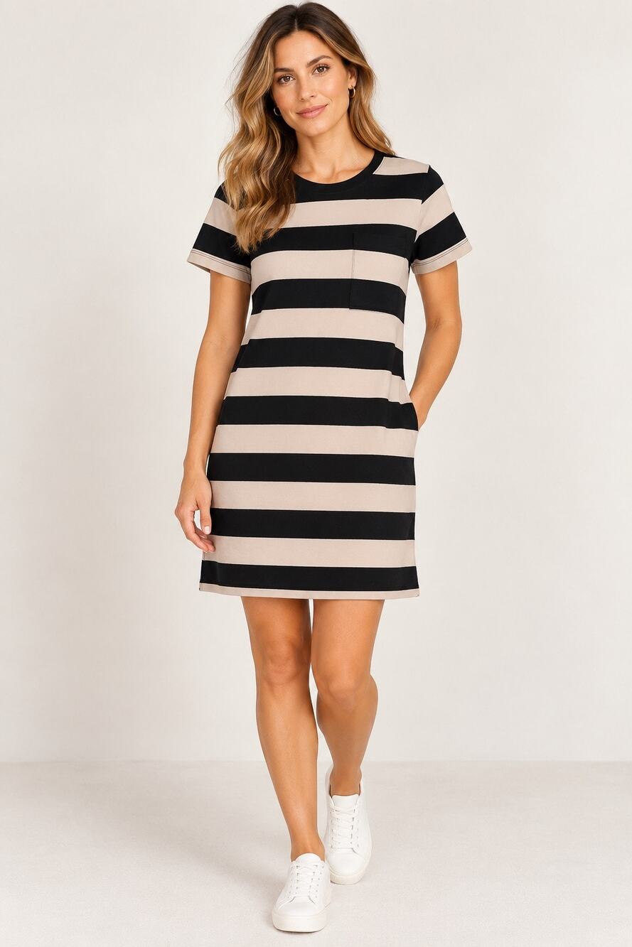Banana Republic Mini T-Shirt Dress S NWT Tan Black Stripe Pocket Nautical Shift